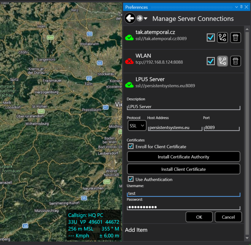 WinTAK Server-Verbindung – Zugangsdaten eingeben